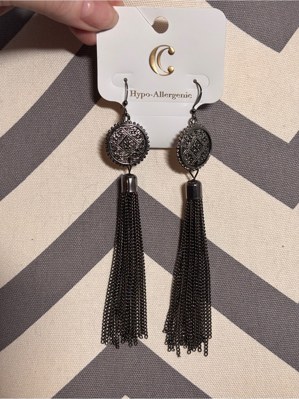 Charming Charlie Black Tassel Medallion Earrings